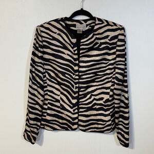 Adrianna Papell Black Brown Animal Print Blazer Women’s Size 10 Silk Zebra